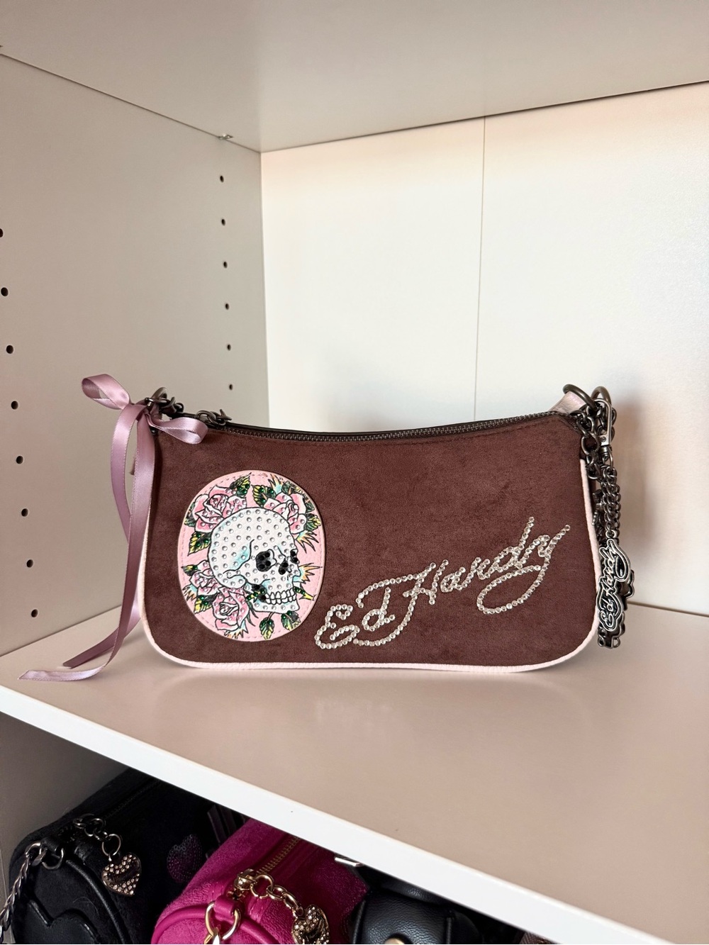 Customized Ed Hardy Brown Suede Shoulder Bag with Floral Skull Detail
